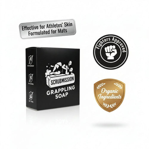 Scrubmission grappling soap packaging with certification logos on a white background