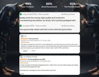 Product reviews displayed on a screen with two people holding a product.