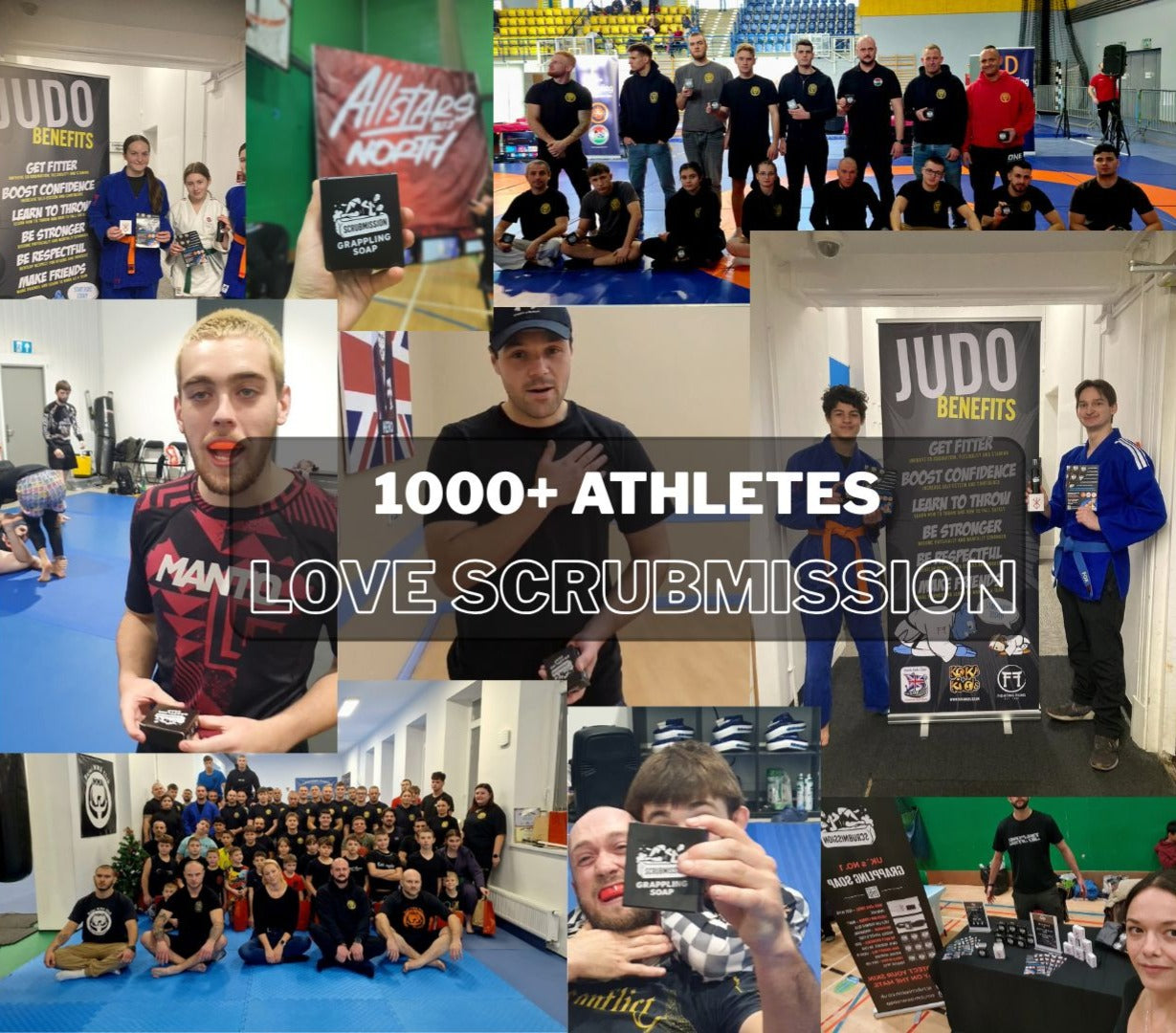 Collage of people in a gymnasium with text about athletes loving a scrubmission.