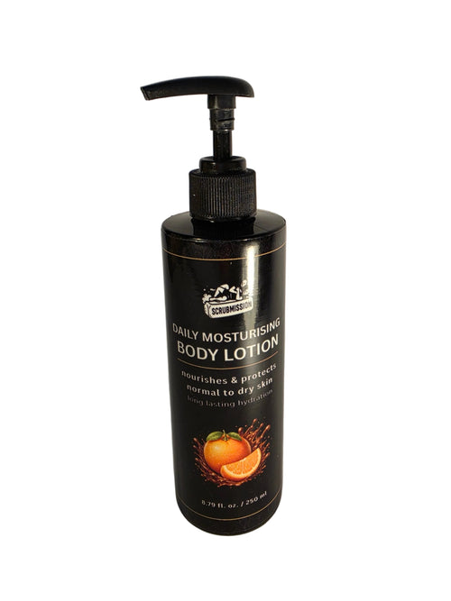 A black pump bottle of Mountain Renewable Daily Moisturising Body Lotion with an orange and black label, set against a plain gray background.