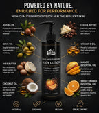 A bottle of Scrubmission Daily Moisturising Body Lotion centered on a dark textured background, surrounded by ingredient callouts and text describing jojoba oil, cocoa butter, olive oil, vitamin E, shea butter, coconut oil, mango essential oil, and sweet orange essential oil.