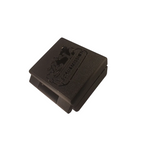 Black square plastic component with branding on a white background