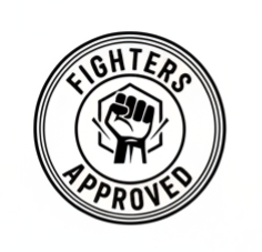 Circular logo with a fist and 'FIGHTERS APPROVED' text on a white background