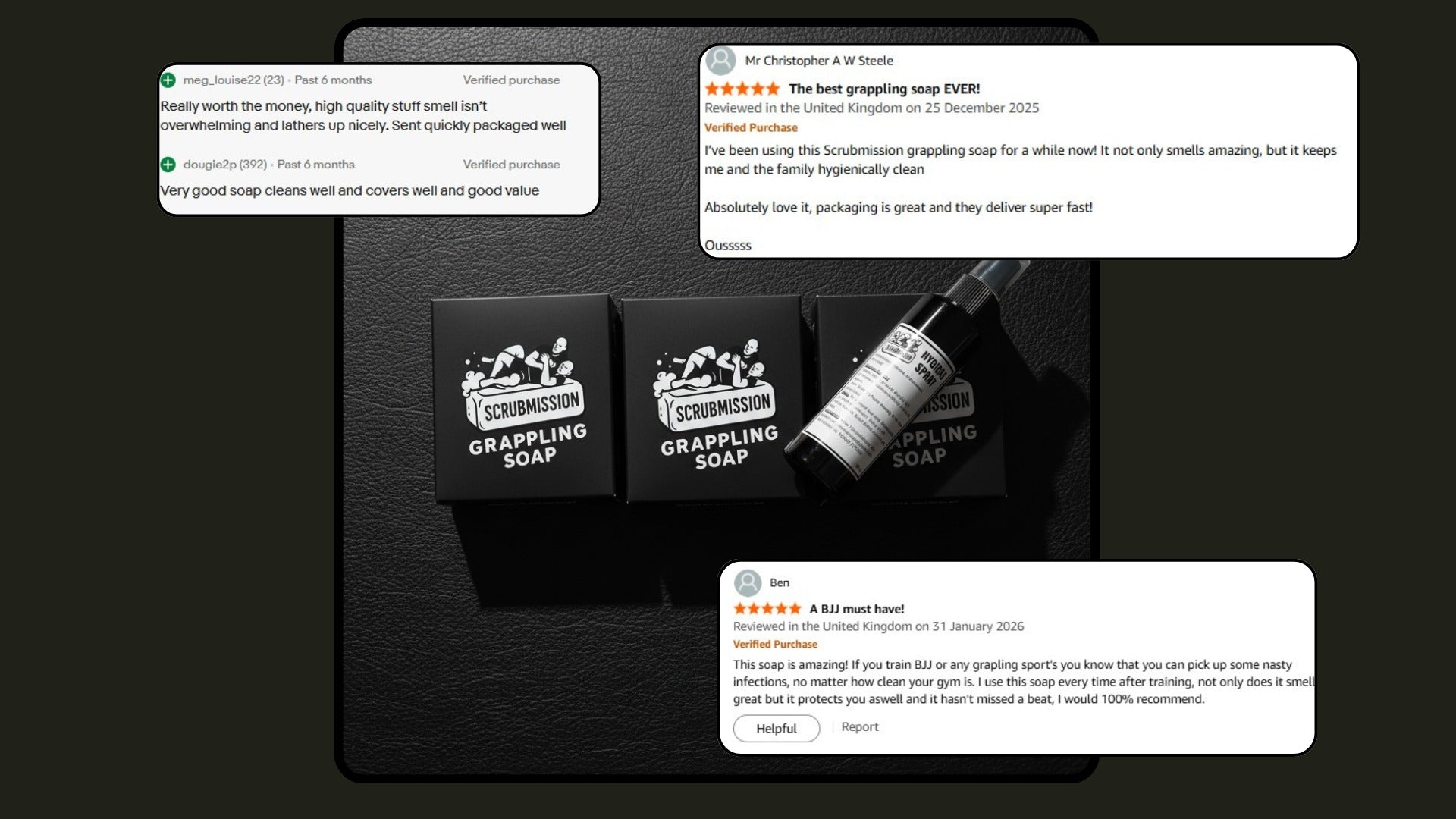 Grappling soap packaging with positive customer reviews from amazon and ebay