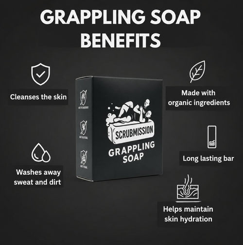 ScrubMission Antifungal Soap packaging with benefits listed on a dark background