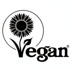 Black 'Vegan' logo with a sunflower symbol on a white background