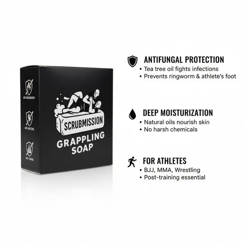 Scrubmission soap benefits infographic showing antifungal protection ringworm prevention for combat sports athletes