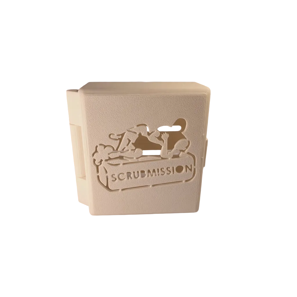 Beige scrubber with 'SCRUBMISSION' branding on a white background