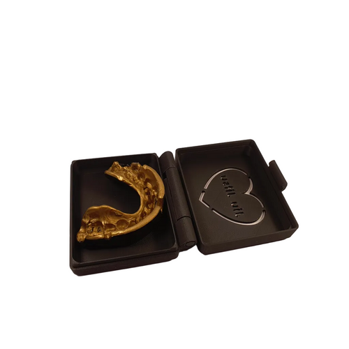 Gold dental model in a black display case on a white background