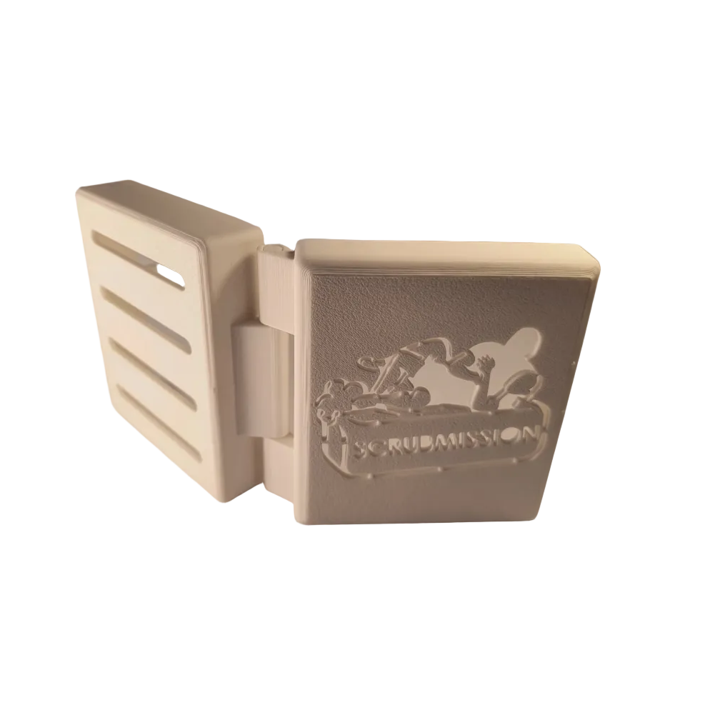 Beige leather-bound book with a logo on a white background