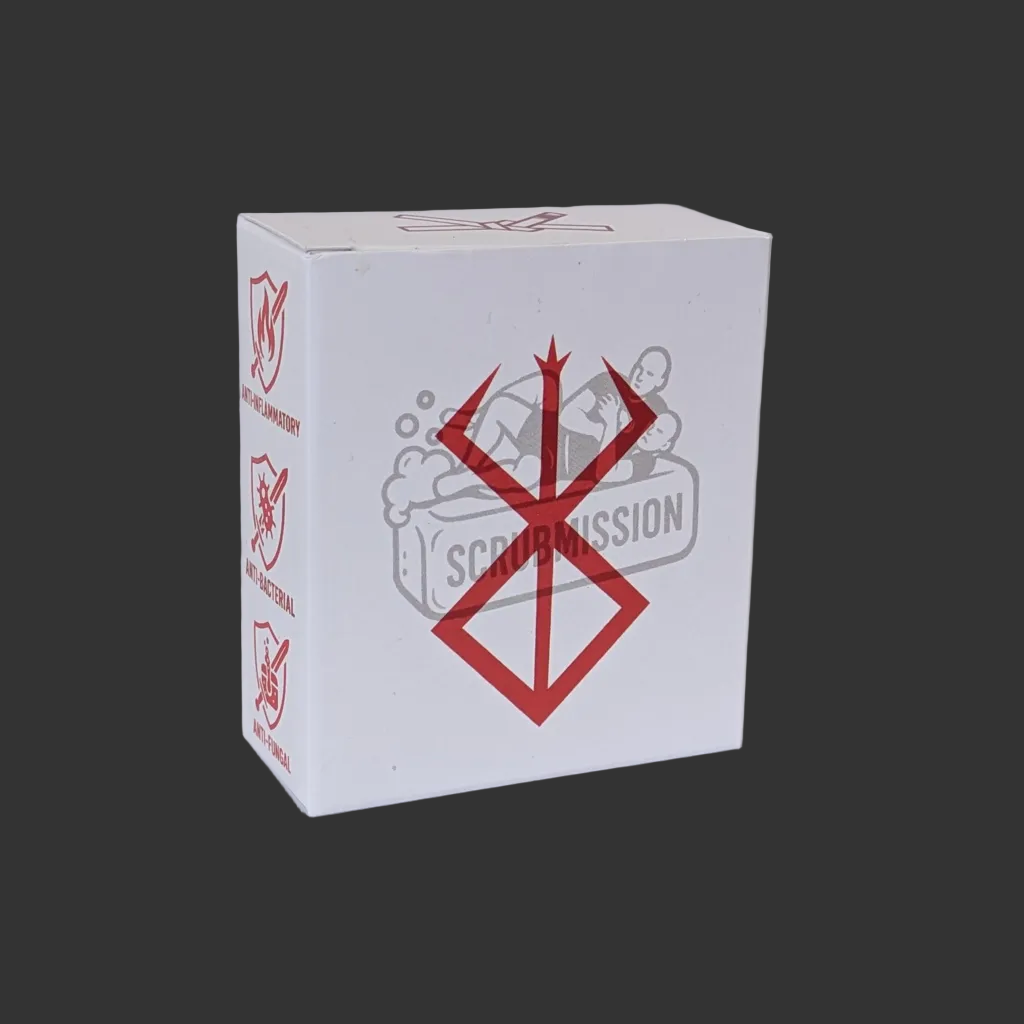 White box with red and black graphics and text on a white background