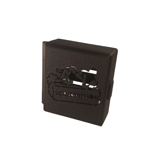 Black rectangular object with a logo on a white background