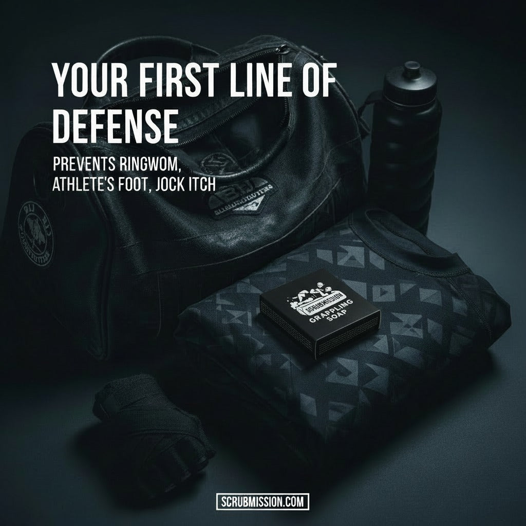 Dark-themed hygiene products with text about foot care antifungal antibacterial