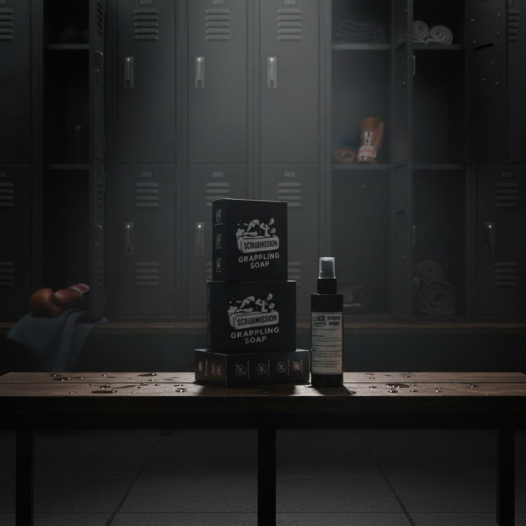 Scrubmission soap and hygiene bottle on a wooden table in a gym