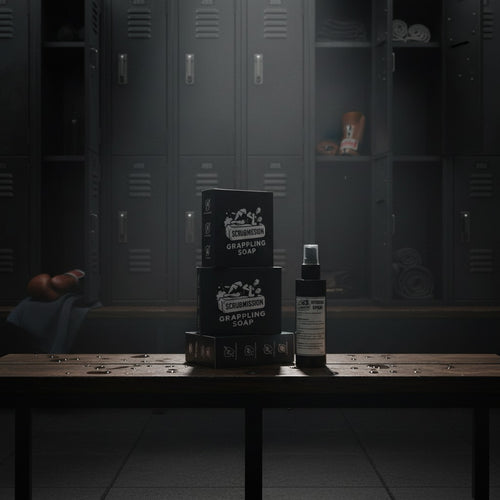 Scrubmission soap and hygiene bottle on a wooden table in a gym